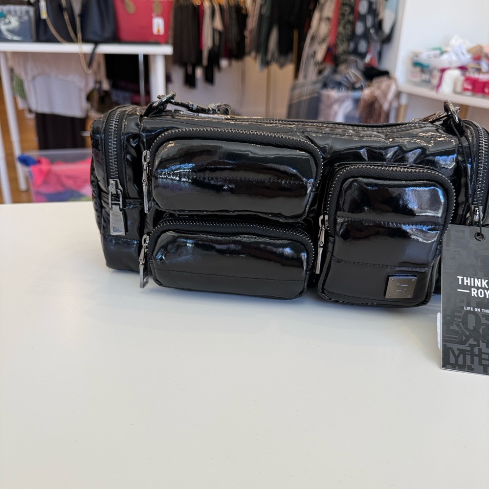 THINK ROYLN Black Patent Multi-Pocket Shoulder Bag